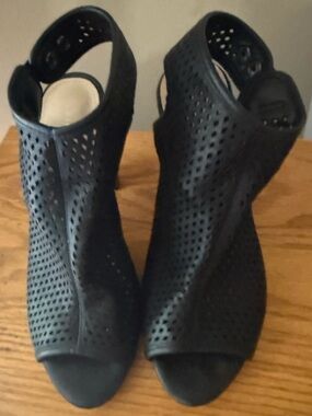 attention Black Perforated Peep-Toe Ankle Strap Heels